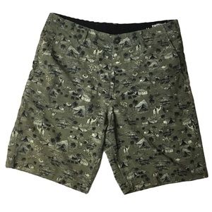 Volcom Frickin Hybrid Board Shorts. Olive green Sahara Alien Print. Sz. 34